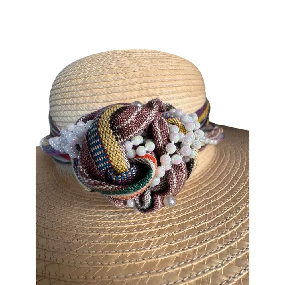 La Giralda Handcrafted Palm Leaves Sun Hat Sz 60 Multicolor Knot 90s Boho Resort - Picture 5 of 13